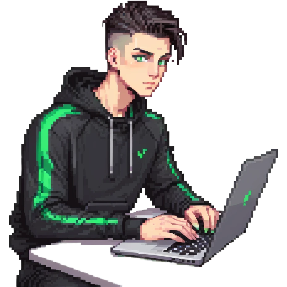 male with dark hair, high fade haircut, high slick back hairstyle, green eyes, wearing a black tracksuit, coding on black laptop emoji
