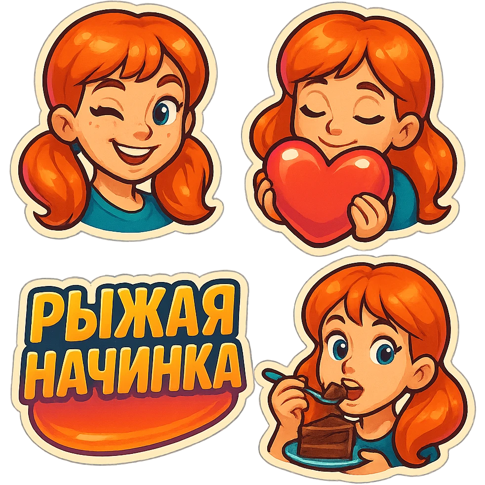 A set of emojis for a Telegram channel called 'Рыжая Начинка' featuring a red-haired girl with various expressions and activities, in the style of retro stickers. emoji