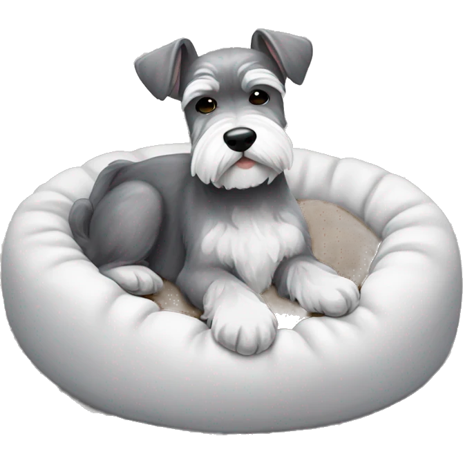 Grey and white mini schnauzer full body asleep in dog bed      emoji