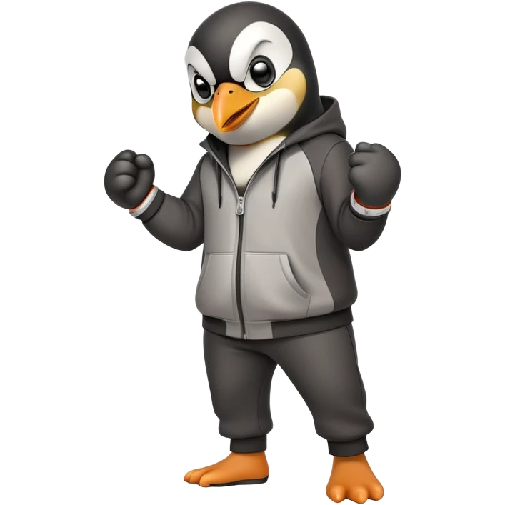 friendly anthropomorphised penguin wearing a mafia-style tracksuit, secretive scheming pose, angry expression, stomping while walking, holding a knuckle duster emoji