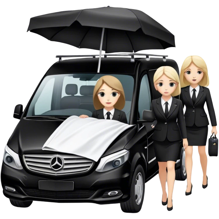 2 woman in suits pushing a stretcher in to a black mercedes Vito funeral van  emoji