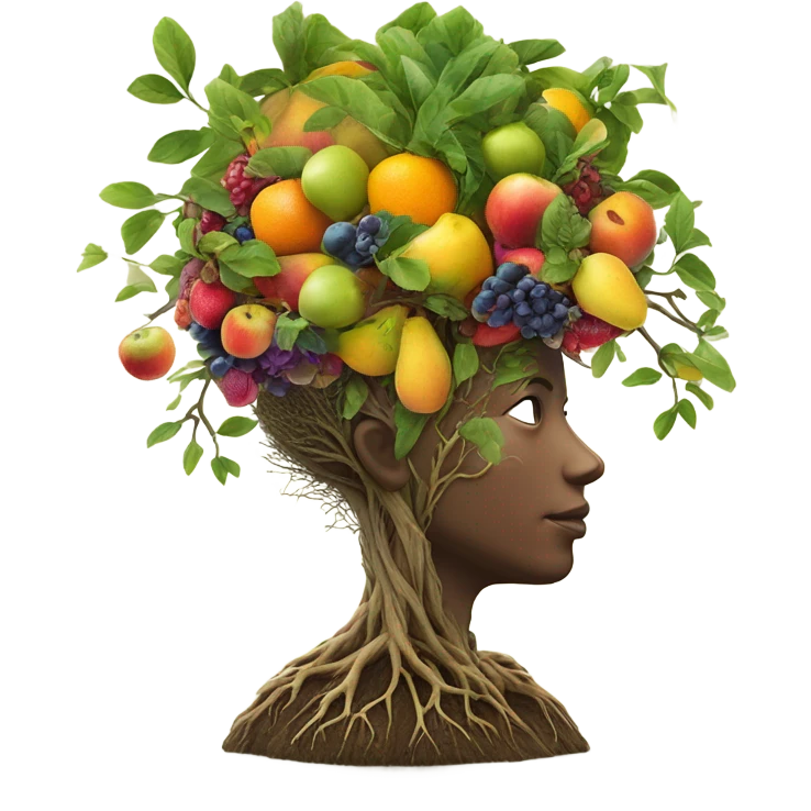 realistic face with a brain growing a tree with fruit emoji