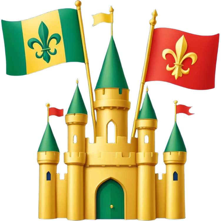 flag with 4 boxes: box1:gold fleur-de-lis on deep blue/black; box2:green, yellow, red stripes in upper right and lower left (box3) with green star in upper right; box4:yellow castle on red in lower right. Flat vector, clean, high contrast, clear at small size. emoji