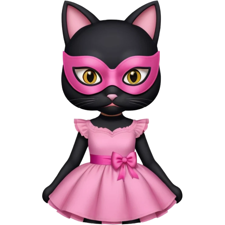 a black cat with pink mask and dress, half upon
 emoji