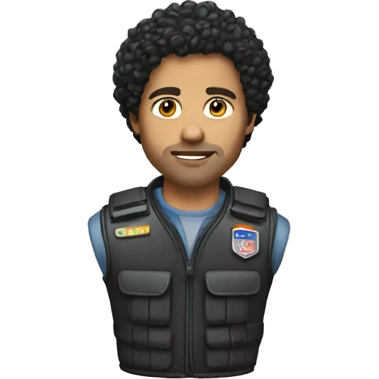 Journalist with dark curly hair in bulletproof vest emoji