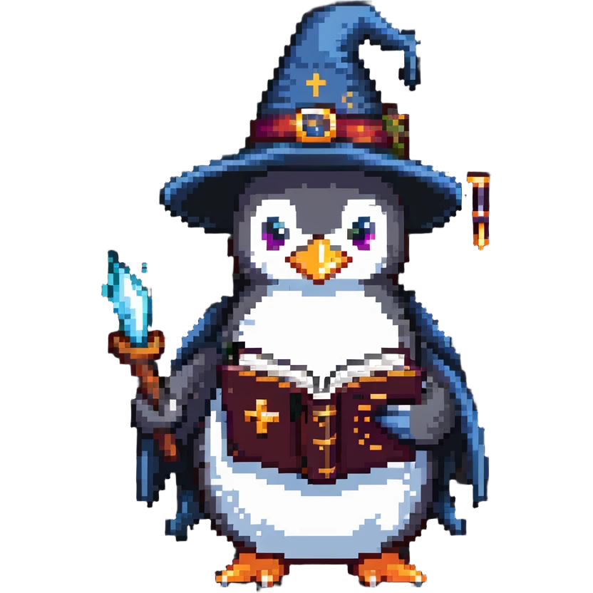 penguin wizard with a wizard hat and a spellbook emoji