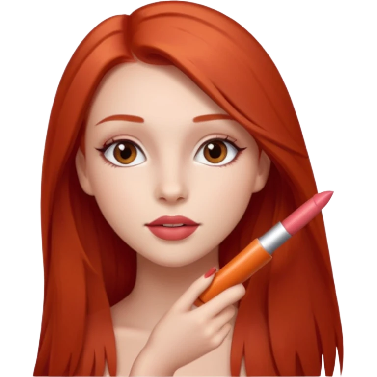 una chica con pose divertida de 18 años con los labios con pintalabios nude y los ojos maquillados, de piel blanca con el pelo liso, largo y pelirrojo, ojos marrones emoji