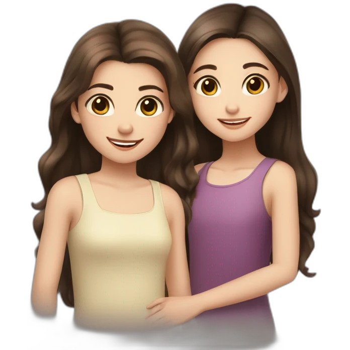 pale tween girl with brown hair and brown eyes and long eyelashes standing with her arm around another pale girl with dark shoulder length hair and dark brown eyes both girls smiling emoji