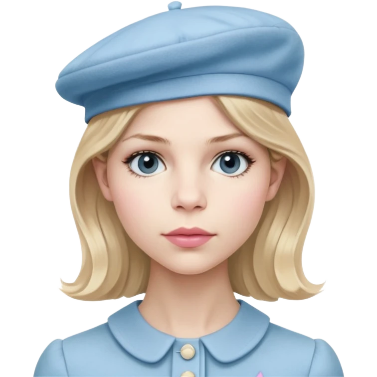 Clemence Poesy is Fleur Delacour in harry potter, light blue dress, light blue classic French beret – soft, round, and slightly tilted to one side, pink lips emoji