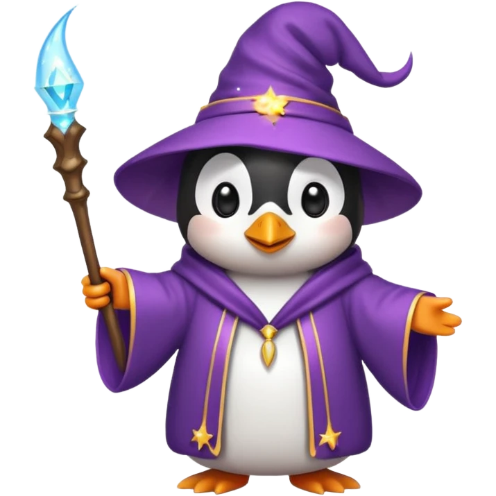cute penguin wizard casting a spell, wearing a robe and holding a wand, magical sparkles around, emoji style emoji