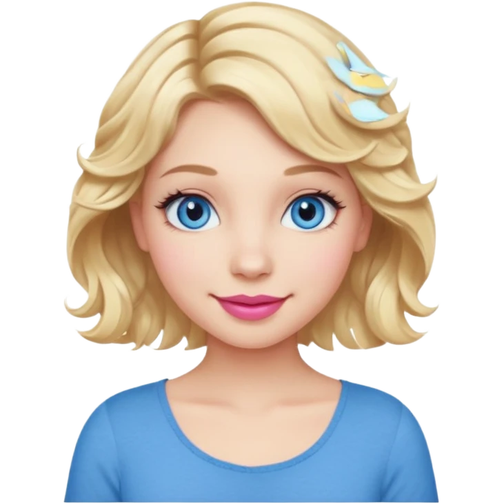 Girl Blonde short wavy hair,  blue eyes, cute blue top, long lashes, pink lips, smiling, 💁🏻‍♀️  emoji