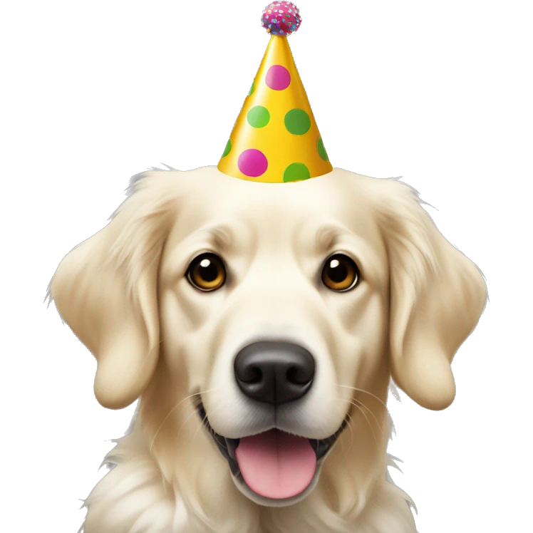 White golden retriever wearing polka dot party hat emoji