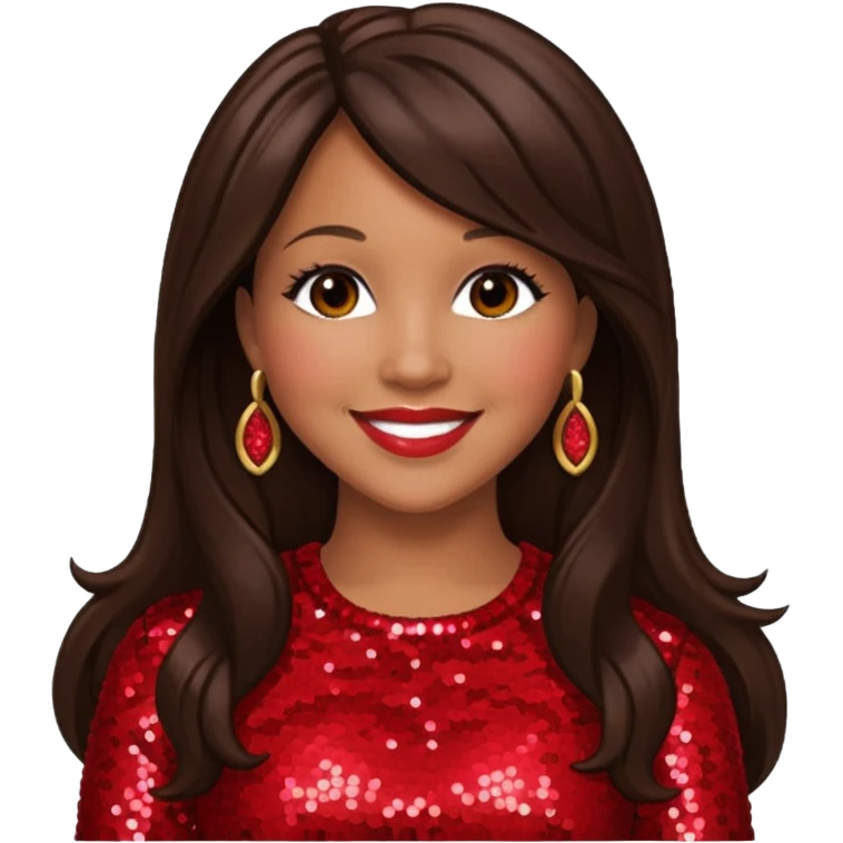 Erica Campbell from Mary Mary with long dark brown hair, red sequin outfit emoji