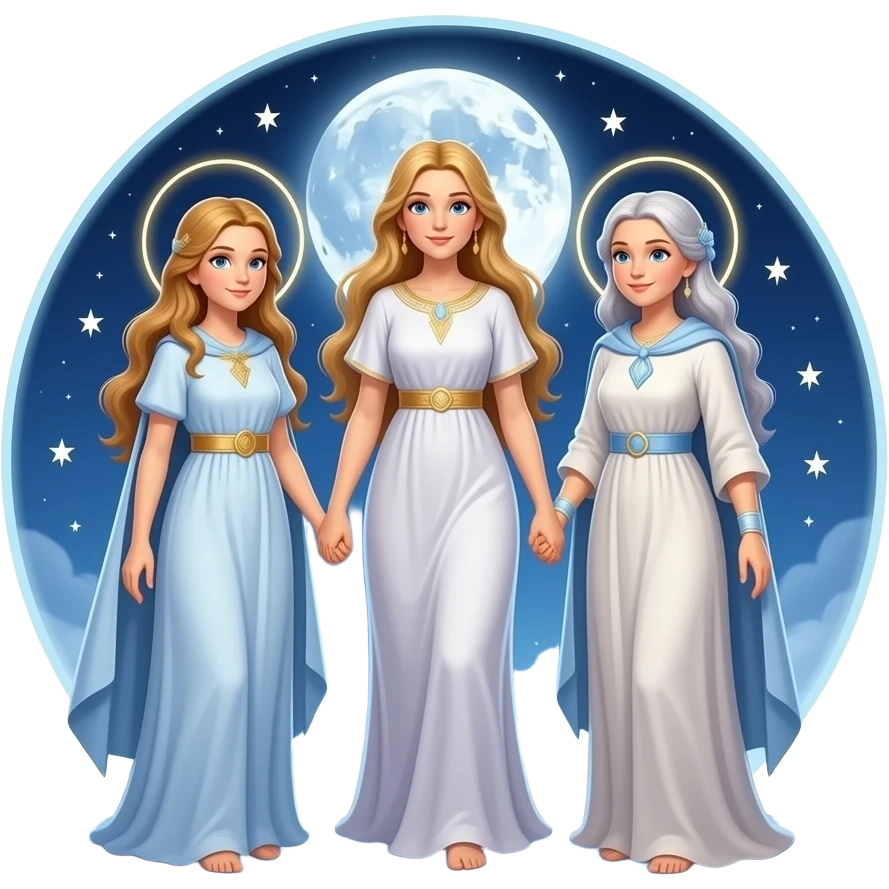 Triple goddess maiden, mother, old lady stars moon pentagram emoji