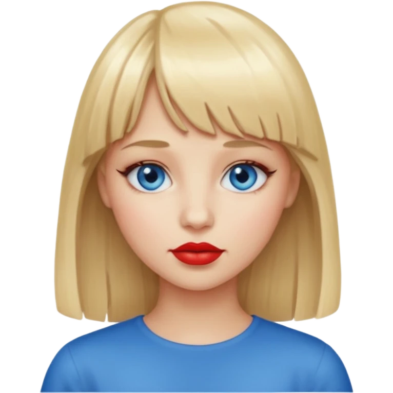 A girl with blonde hair and bangs, blue eyes, red lips emoji