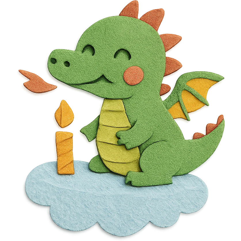 happy dragon blowing out 1 candle on cloud cake, paper-craft style emoji