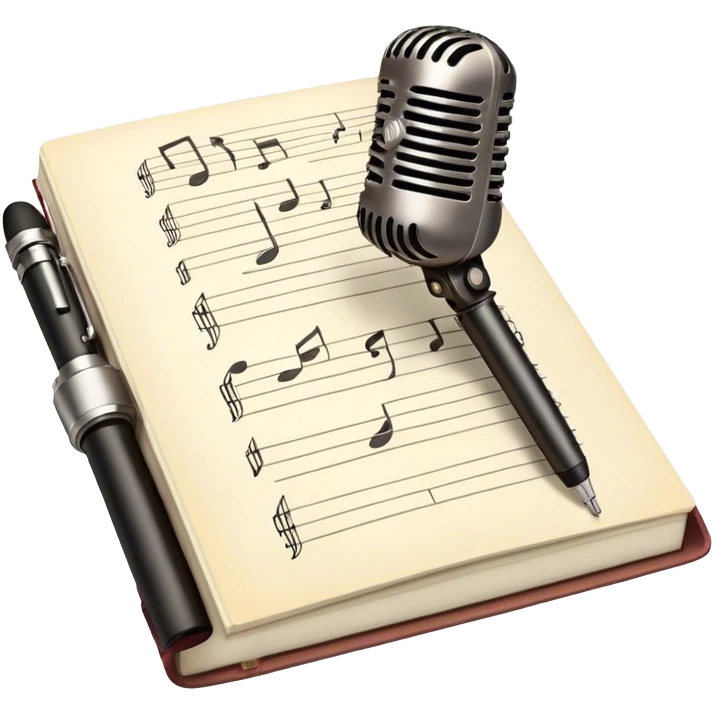 Create an emoji representing songwriting. The design should feature an open notebook or sheet music with visible lyrics and musical notes, symbolizing the process of writing song lyrics. A pen or pencil should be placed near the notebook, indicating active writing. Optionally, include a vintage microphone or a quill to add a creative touch. Use a harmonious color palette with warm and neutral tones. Do not include any emojis or smiley faces. Make the background transparent. emoji