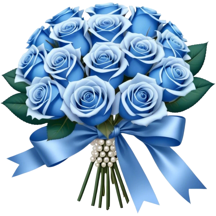 A luxurious bouquet of deep blue and pastel blue roses, elegantly wrapped in pearl satin ribbon, with delicate silver baby's breath flowers adding a shimmering touch emoji