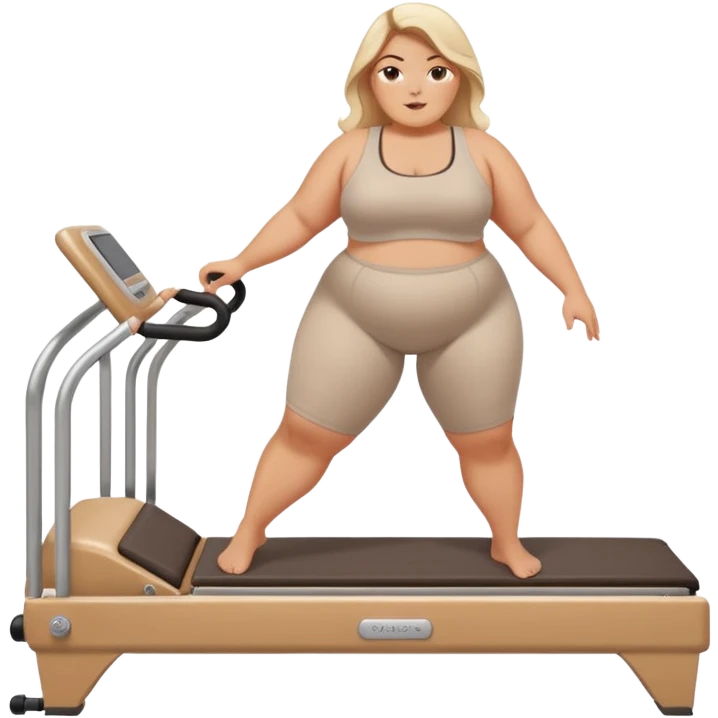 Plus size girl on a Reformer Pilates. The machine is white and beige  emoji