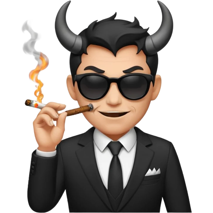 Minimalist emoji-style sticker of a devilish producer in black suit, tiny horns, dark sunglasses, and a smoking cigar, grayscale tones, matte style emoji