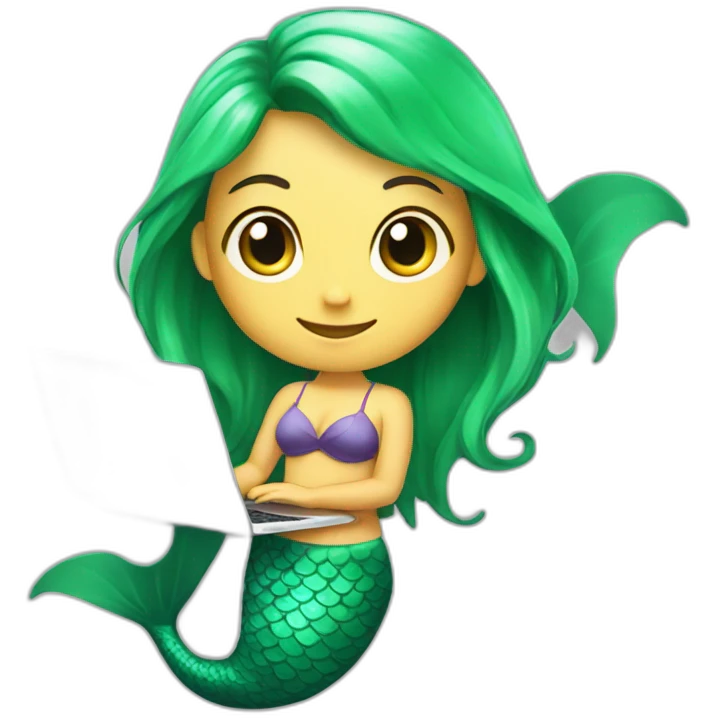 mermaid with laptop with cute face and green tail emoji