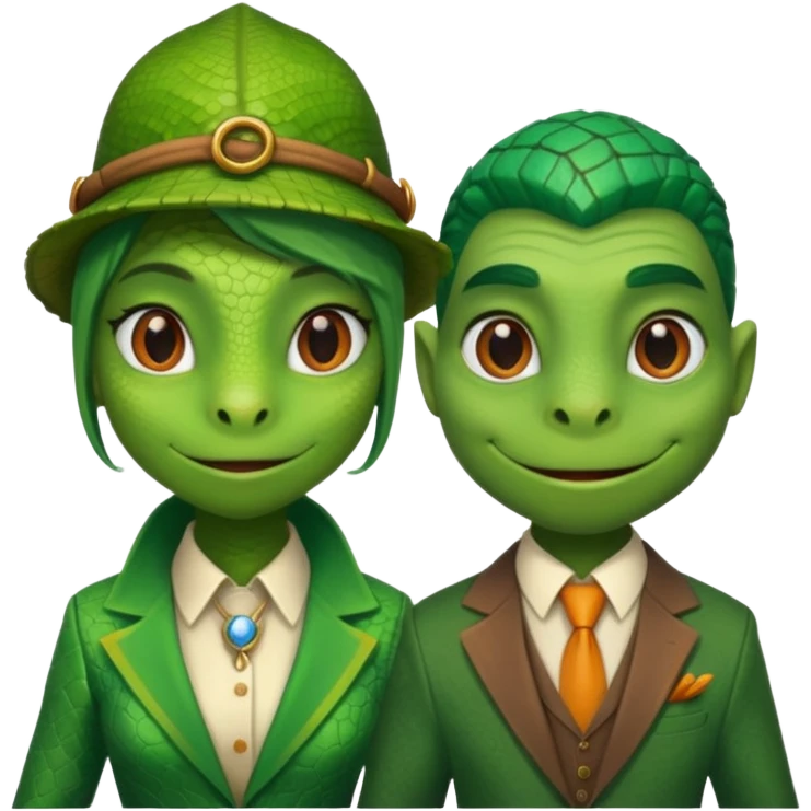 Female lizard and male lizard wearing human clothes emoji