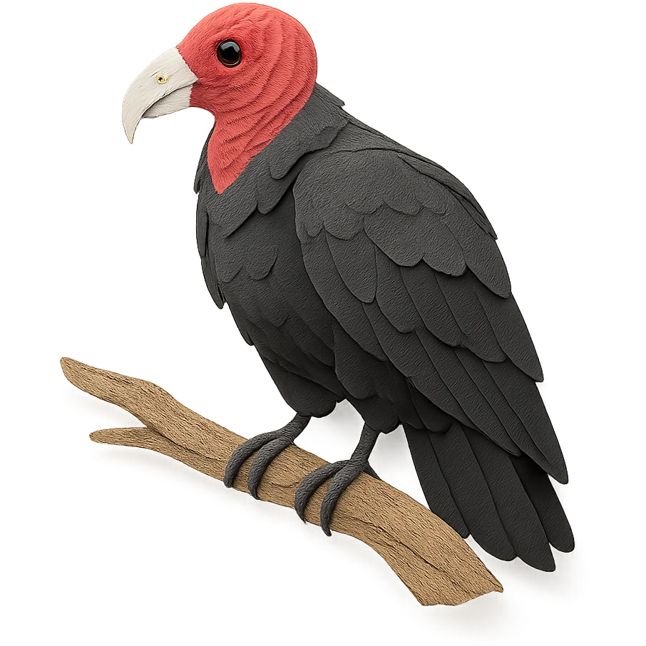 close-up of a turkey vulture perched on a tree branch, fine paper edges, wrinkled red skin, dark plumage emoji