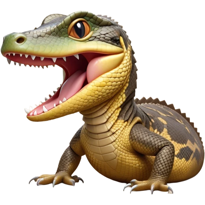 Cinematic Realistic Cute Yawning Monitor Lizard Portrait Emoji, Head tilted slightly with a dramatic, wide-open yawn, showcasing a soft, textured scaled hide with subtly drooping features and half-closed, drowsy eyes, rendered with meticulous natural detail and warm shadows, high shine, relaxed yet expressive, styled with a dash of desert charm, soft glowing outline, capturing the essence of a sleepy yet affectionate monitor lizard that appears ready to stretch out for a restful nap! emoji