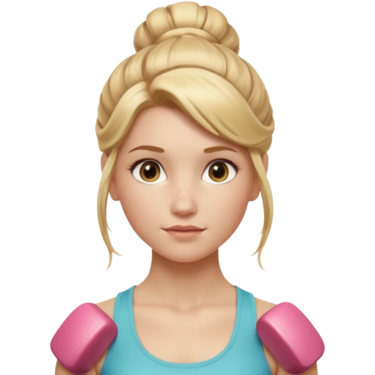 Cinematic Realistic Workout Girl Portrait, depicted with lifelike skin texture, subtle rosy undertones, and soft natural lighting that enhances the gentle contours of her face. Her intricately detailed golden blonde hair is elegantly styled in an updo, emoji