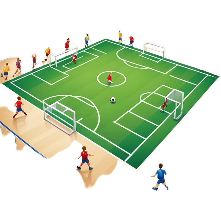 A mini-football match in an indoor sports hall with wooden flooring and clear field markings. The scene shows a vibrant game in action, with players positioned on the court, the goalposts visible, and the atmosphere filled with energy and focus. emoji