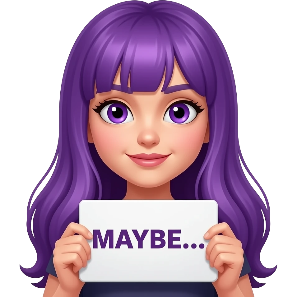 sexy girl with long purple hair and purple eyes holding a MAYBE... sign emoji