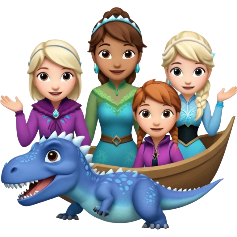 4 chicas montadas en una atraccion de levantando la mano con orejas de dines puestas en una atracción, la barca esta diseñada con dibujos de frozen emoji