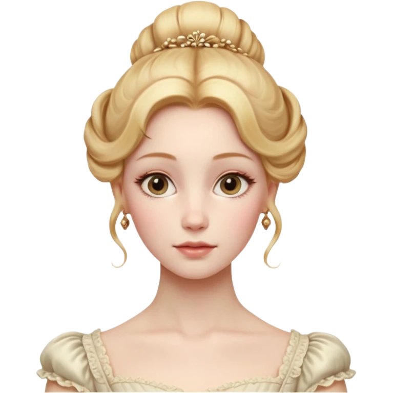 Cinematic Realistic Rococo Portrait, depicted with lifelike skin texture, subtle rosy undertones, and soft natural lighting that enhances the gentle contours of her face. Her intricately detailed golden blonde hair is elegantly styled in an updo, emoji