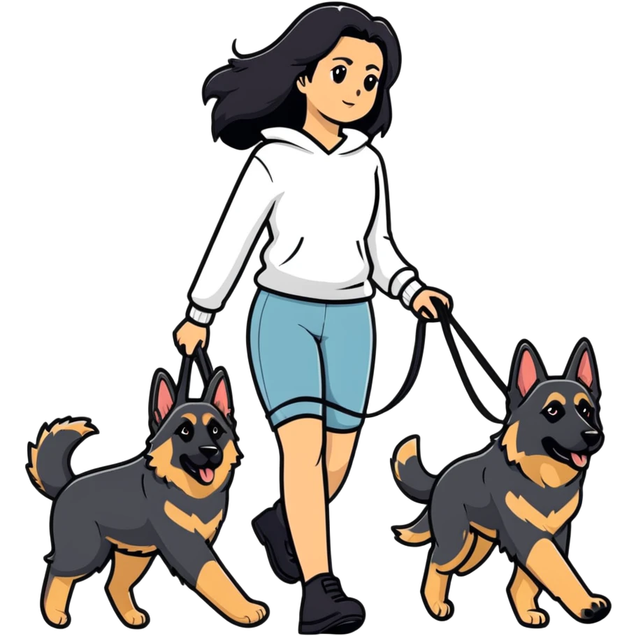 girl with long black hair walking a German Shepherd emoji