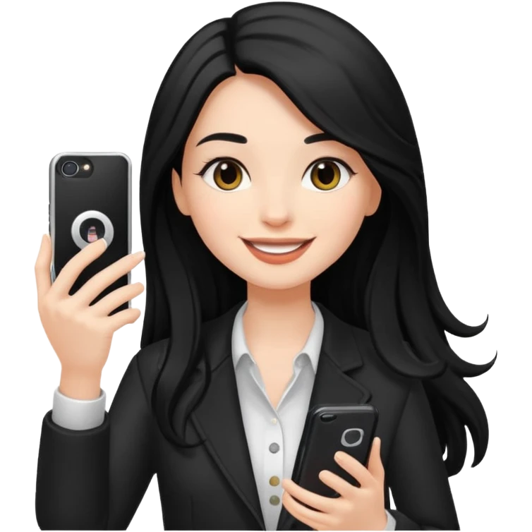 White influencer girl with black long haired, phone in hand, recording herself, confident, trendy, emoji