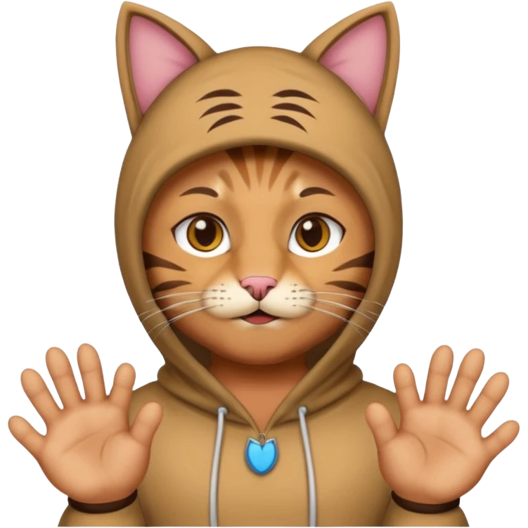 A man wearing cat clothes  and showing his paws emoji
