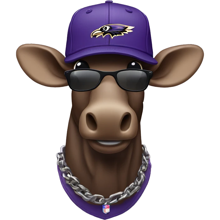 Moose wearing a backwards flatbill hat, a chain, sunglasses, and a Baltimore ravens jersey emoji