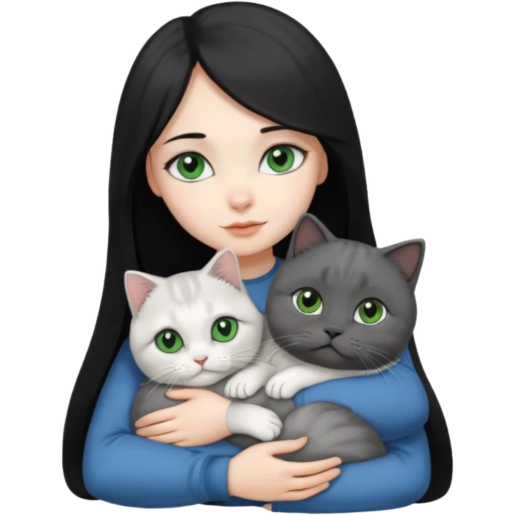 Black long hair, white skin, black eyes, pretty girl is hugging a gray Scottish fold green-eyed cat white blue-eyed cat

 emoji