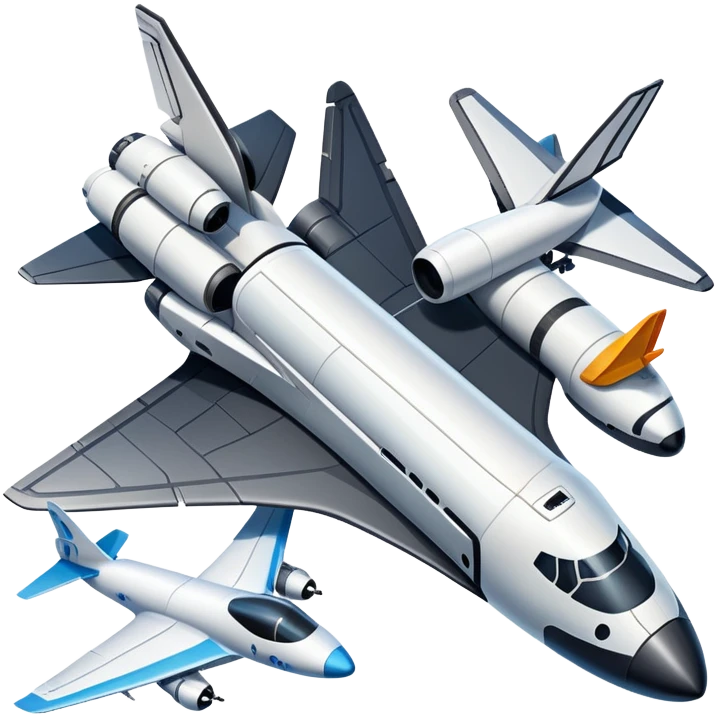 An icon featuring a collage of a space shuttle, a drone, and an airplane, symbolizing aerospace technology. The design includes rocket engines, wings, and flight paths, representing advancements in aviation and space exploration. Transparent background emoji