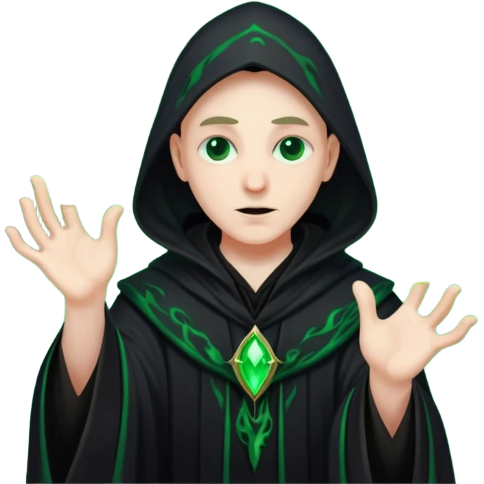 A dark sorcerer in flowing black robes, conjuring eerie green flames emoji