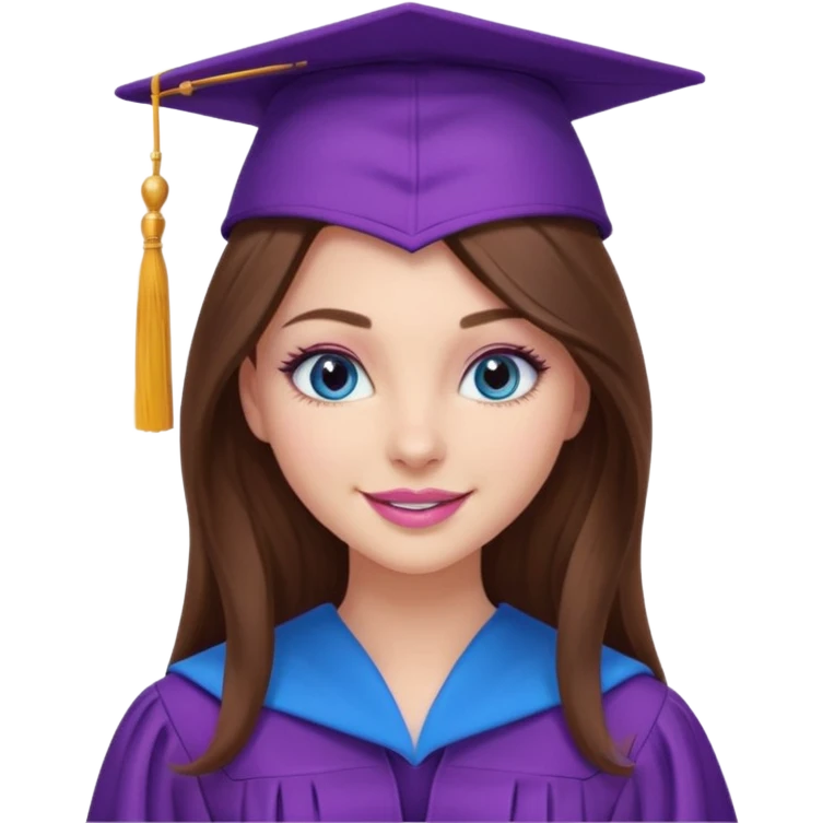 girl with gorgeous long brown hair, blue eyes, long lashes makeup, sexy pink lips, wearing a purple graduation cap and gown emoji