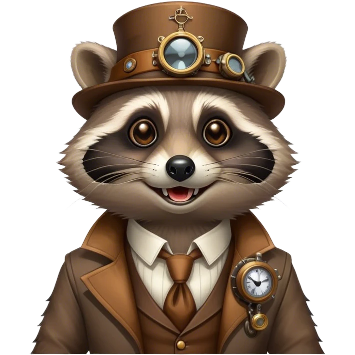 Steampunk style illustration depicting a happy raccoon emoji