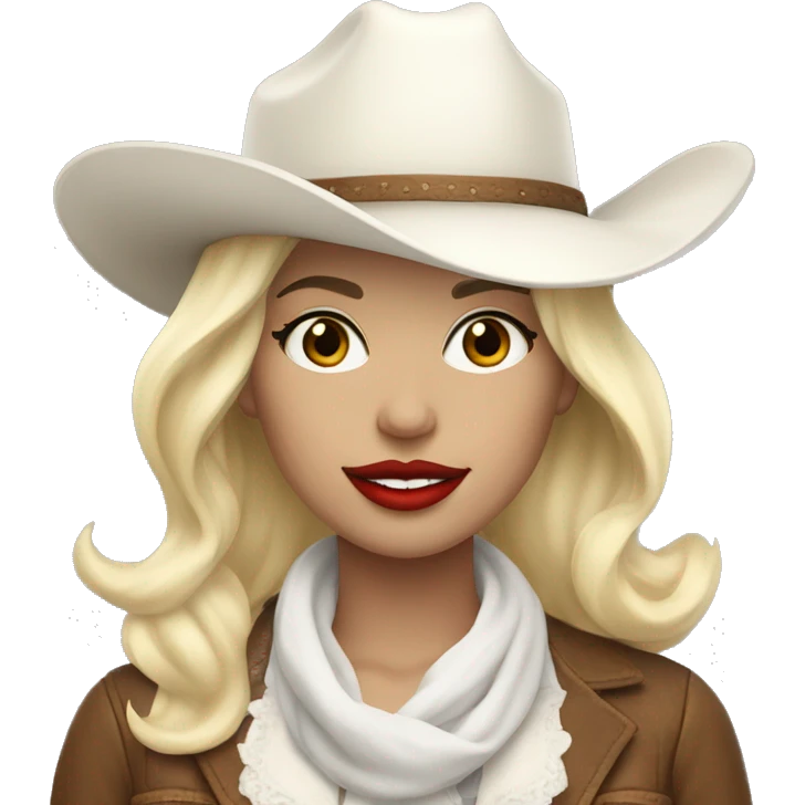 cowgirl with a white hat and white scarf and blonde short hair with red lipstick emoji