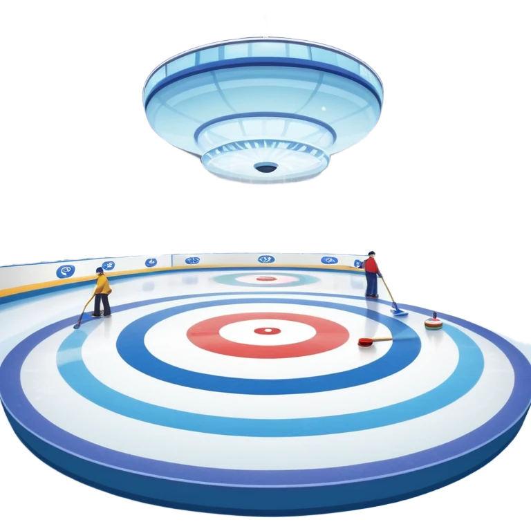 please, An icon featuring the curling rink, with its distinctive circles, and a vibrant crowd in the stands. Snowflakes fall outside the arena, and bright lights illuminate the ice. a curling stone sliding across the ice, with a broom nearby. Transparent background. emoji