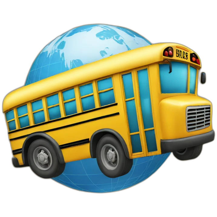 School bus hanging from globe emoji