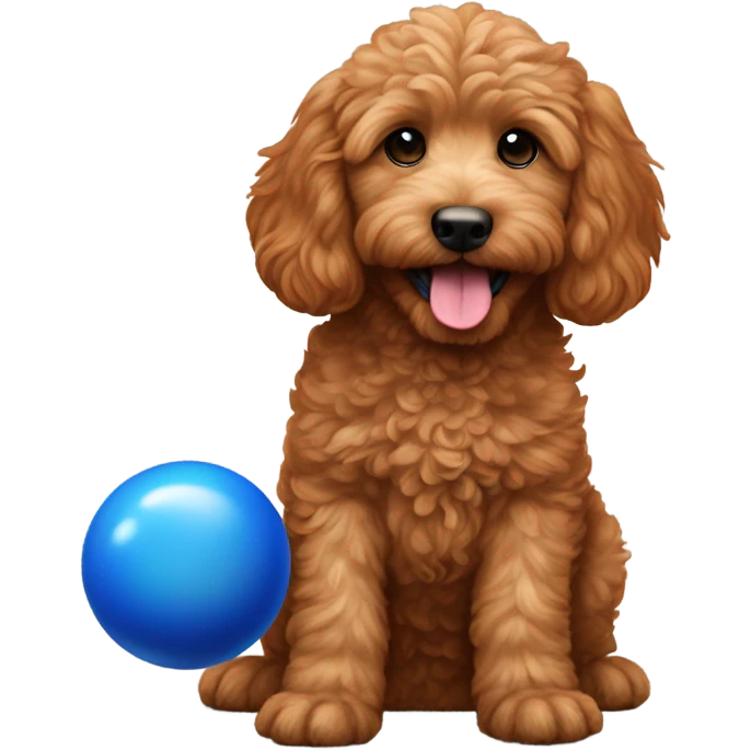 Red mini Goldendoodle with blue ball in mouth and paw raised emoji
