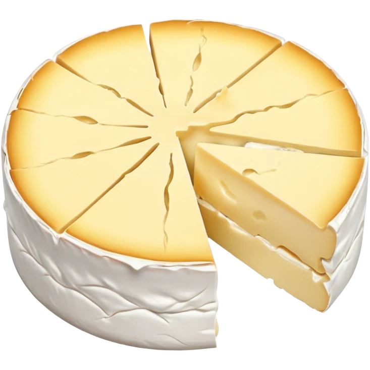small round wheel of camembert cheese with white bloomy rind and creamy pale yellow interior, one slice cut out showing soft slightly oozing center, smooth rich texture, subtle wrinkled rind, no box or extras, soft lighting, subtle shadows, emoji scale emoji