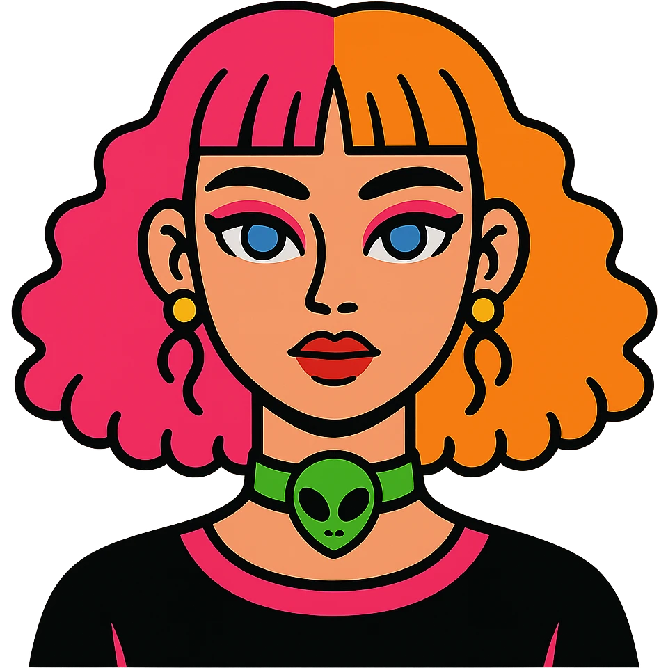 girl with blue eyes, pink makeup, narrow eyebrows, earrings, green alien head choker, black and pink blouse, curly hair to shoulders, hair half hot pink and half ginger, short straight baby bangs emoji