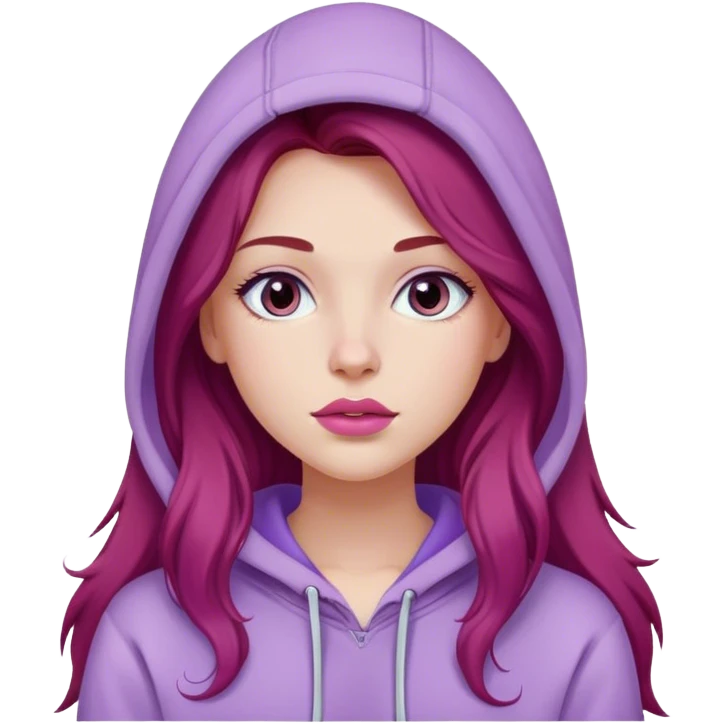 Dark red long hairt fair skinned Girl with pink lips wearing a lilac colored hoodie  emoji