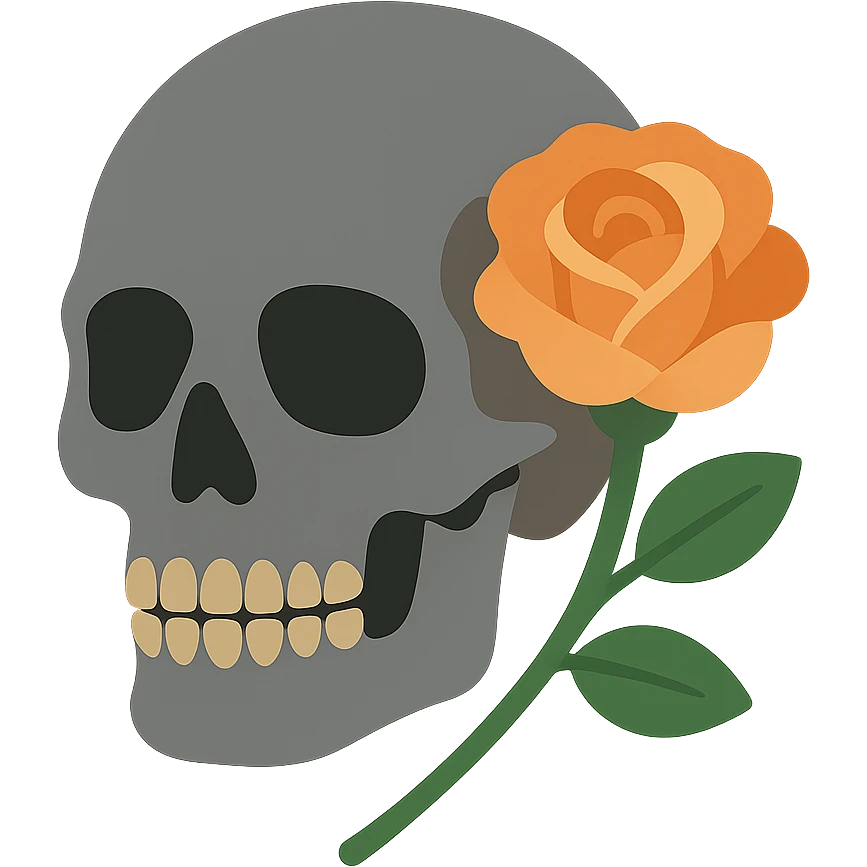A dark, light grey skull with sharp, angular features and a mysterious, haunting aura, featuring a rose delicately placed in one of its hollow eye sockets. The skull is in shades of grey, accented with soft tones of golden orange (FA9B41), forest green (4A7C5C), muted taupe brown (96775A), and pastel peach (FFCC9A). The rose, vibrant in its peach and orange hues, contrasts with the cold, eerie grey of the skull, its petals unfurling gently around the eye socket. The background is dim and shadowy, with a faint, mystical glow illuminating the skull and rose, adding to the gothic and slightly surreal atmosphere. The scene feels both haunting and beautiful, with a touch of elegance. emoji